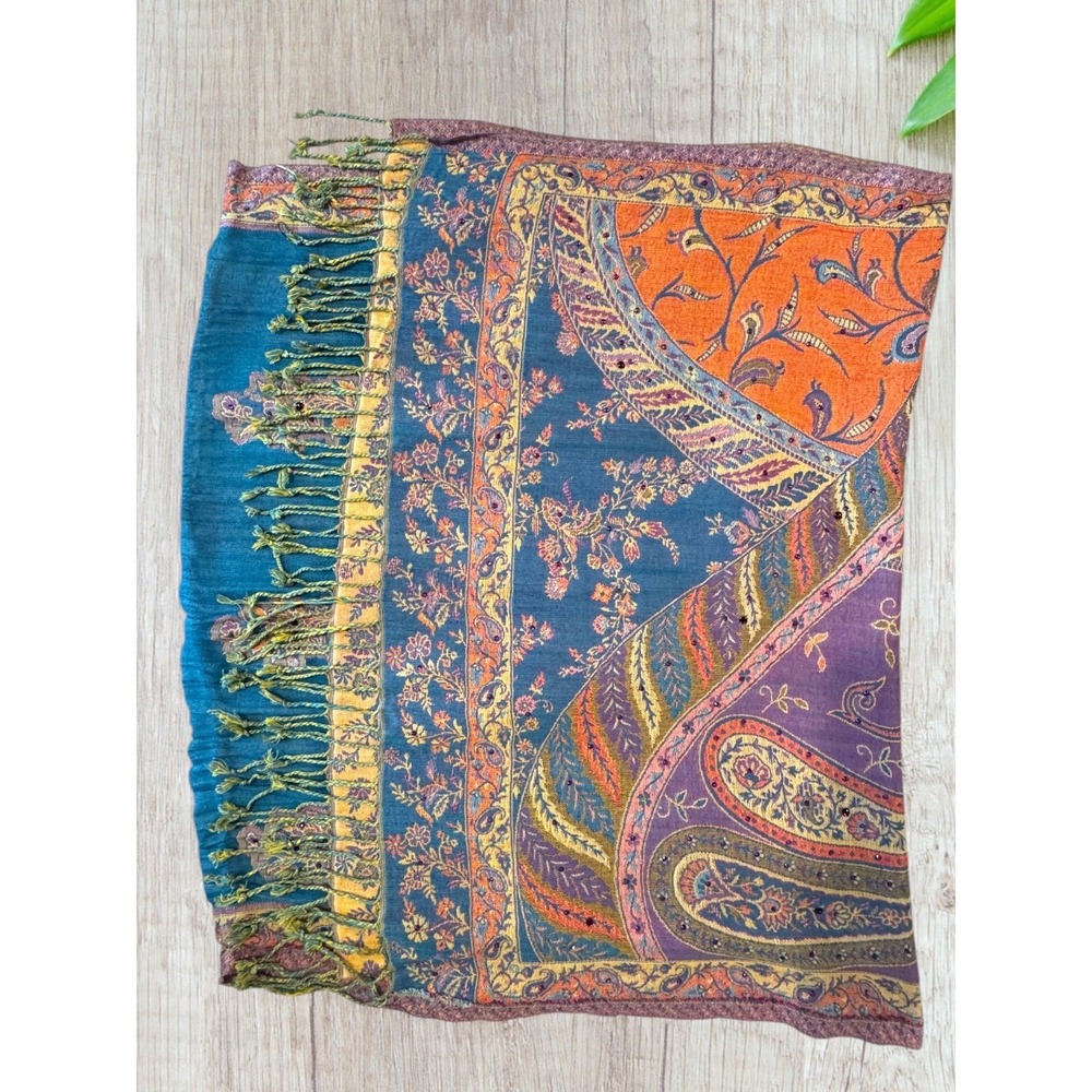 Boho Paisley Embellished Scarf Blue Pink Multi Fringe Indie Artsy Festival - Picture 5 of 5